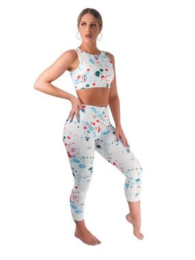 White Paint-Splash Active Set - Crop Tank & High-Waist Capris